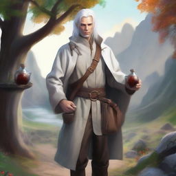 Realistic fantasy art of a human male around 25 with white hair, an alchemist standing outside in nature collecting ingredients