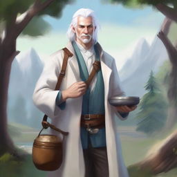 Realistic fantasy art of a human male around 25 with white hair, an alchemist standing outside in nature collecting ingredients