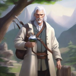 Realistic fantasy art of a human male around 25 with white hair, an alchemist standing outside in nature collecting ingredients