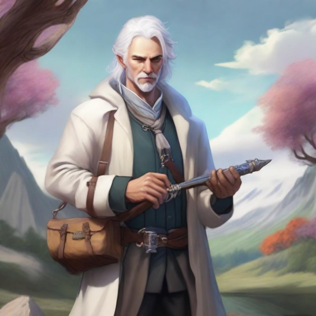 Realistic fantasy art of a human male around 25 with white hair, an alchemist standing outside in nature collecting ingredients