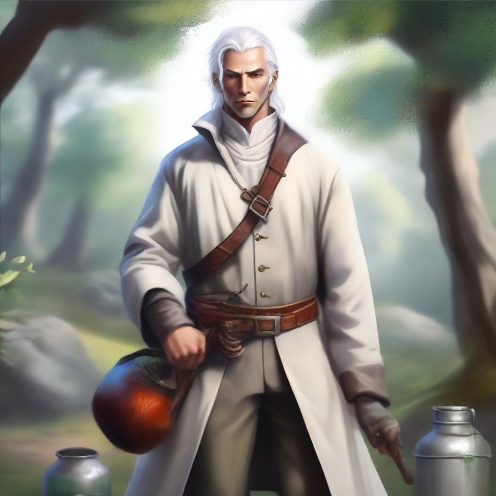 Realistic fantasy art of a human male around 25 with white hair