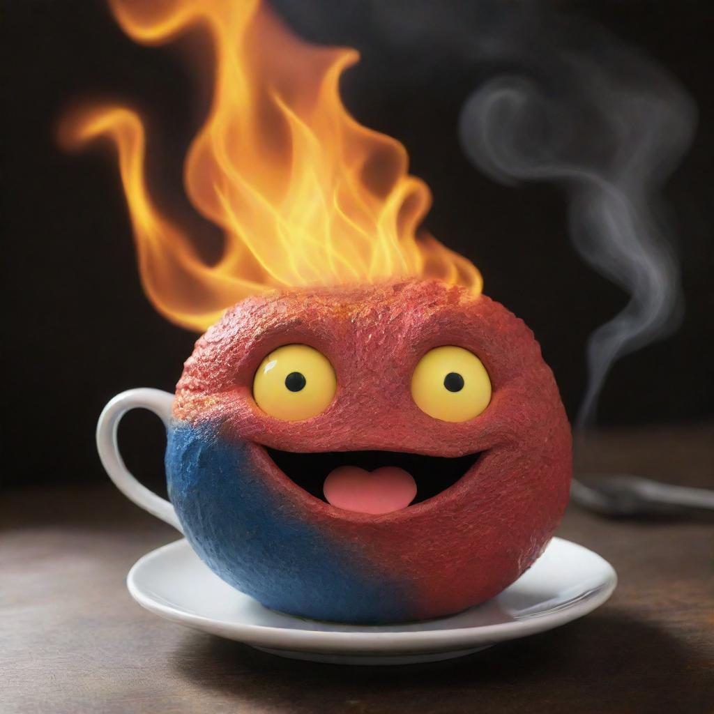 Modify the previous image of Calcifer, the fiery demon from Howl's Moving Castle, now enthusiastically sipping a steaming cup of coffee.