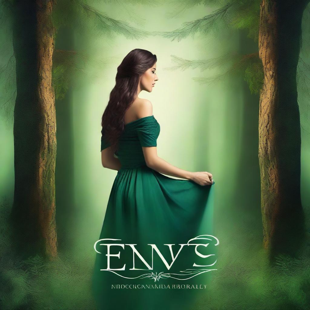 A fantasy romance book cover titled 'Envy's Embrace' with a pine green background