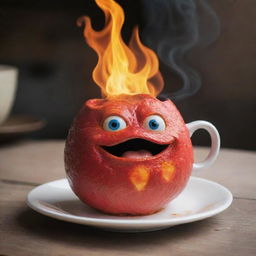 Modify the previous image of Calcifer, the fiery demon from Howl's Moving Castle, now enthusiastically sipping a steaming cup of coffee.