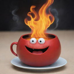 Modify the previous image of Calcifer, the fiery demon from Howl's Moving Castle, now enthusiastically sipping a steaming cup of coffee.