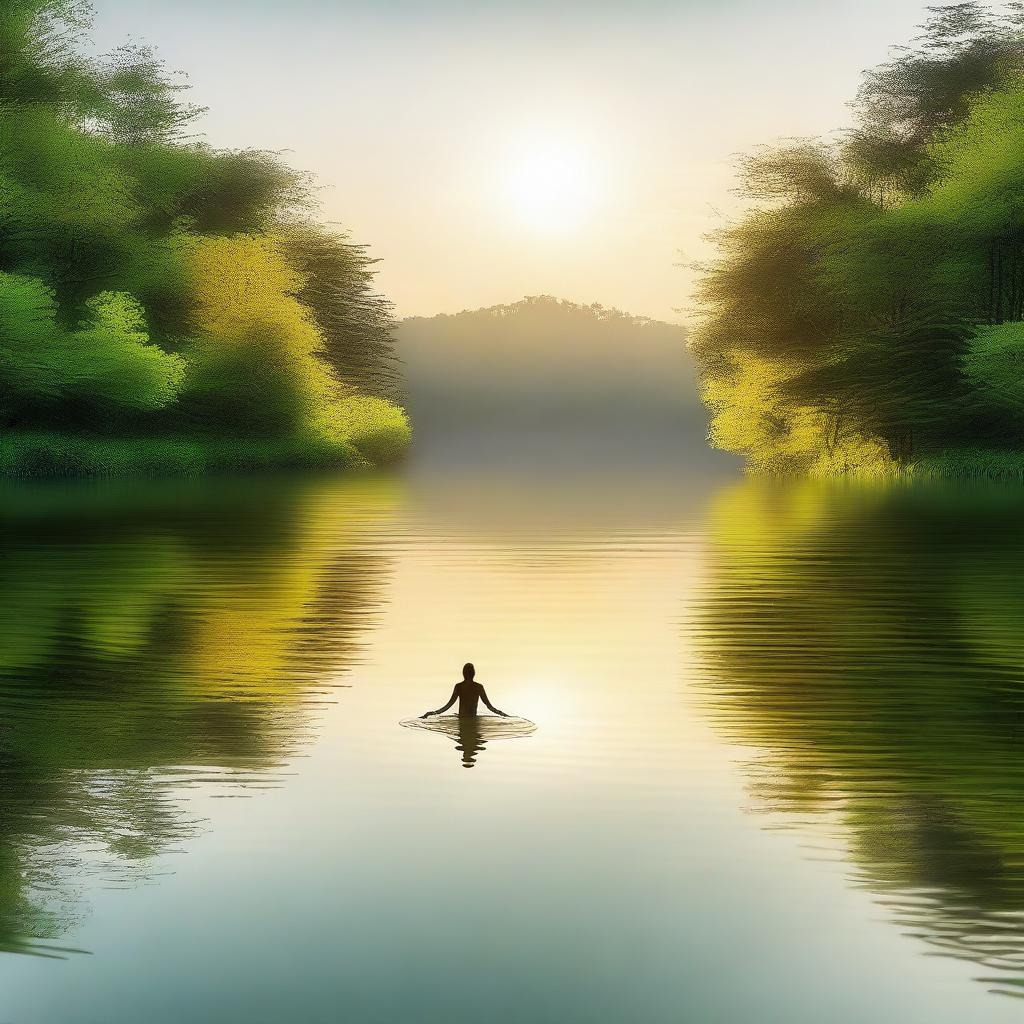 A serene scene with a glowing, lazy figure in the middle of a lake