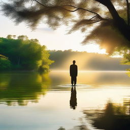 A serene scene with a glowing, lazy figure in the middle of a lake