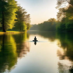 A serene scene with a glowing, lazy figure in the middle of a lake