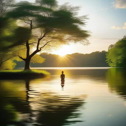 A serene scene with a glowing, lazy figure in the middle of a lake