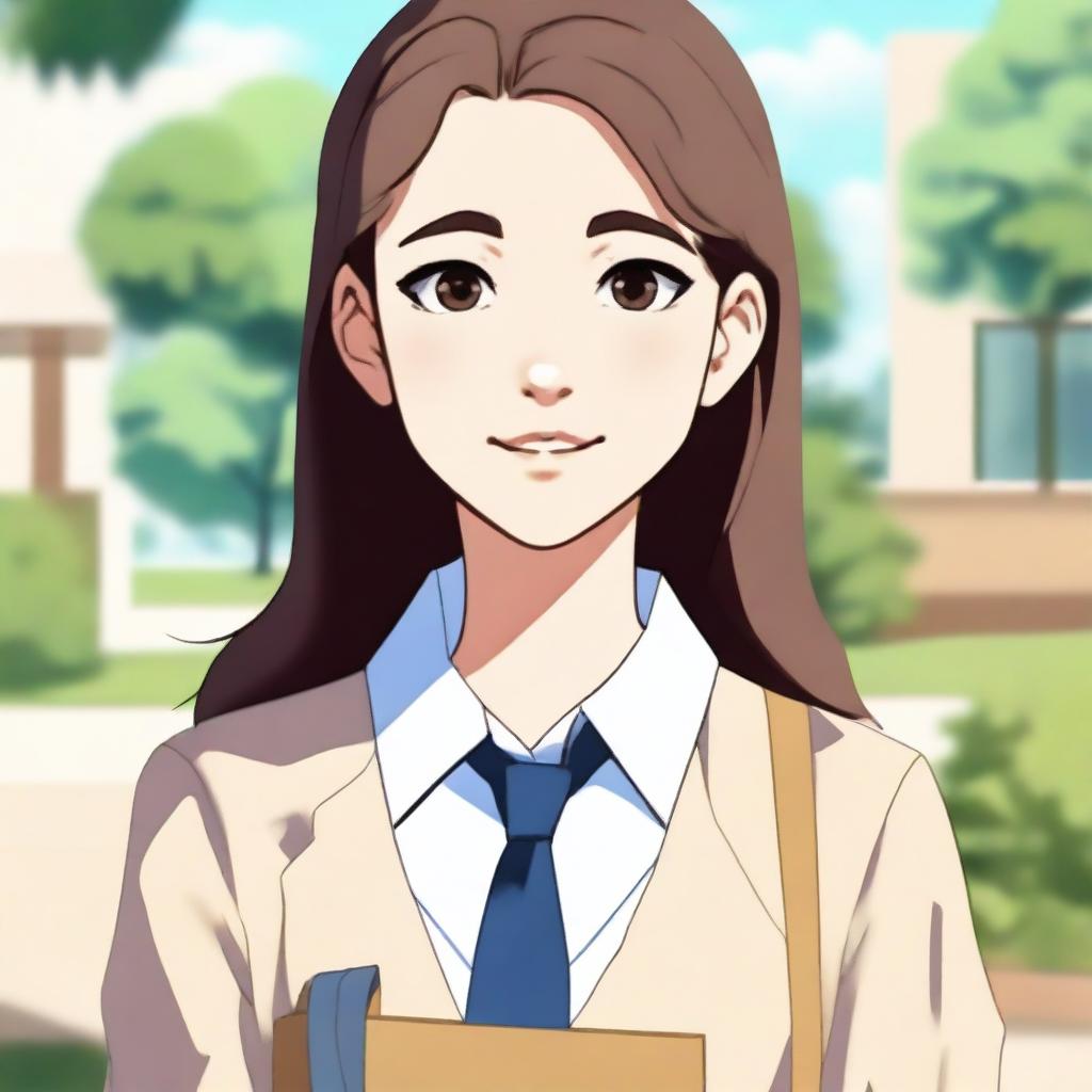 A high school student with an oval-shaped face, tall and natural feminine features, and natural skin color