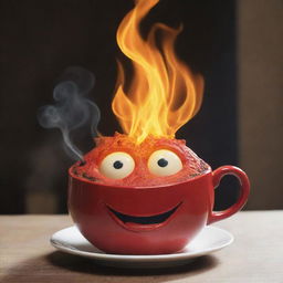 Modify the previous image of Calcifer, the fiery demon from Howl's Moving Castle, now enthusiastically sipping a steaming cup of coffee.