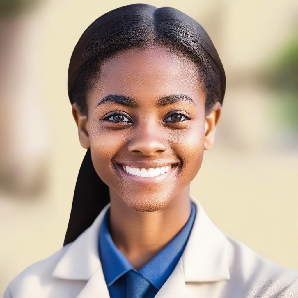 Create an image of a high school student with an oval-shaped face, tall and natural feminine features, and natural skin color