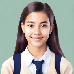 Create an image of a high school student with an oval-shaped face, tall and natural feminine features, and natural skin color