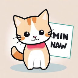 A cute kitty holding a sign that says 'MIAW'