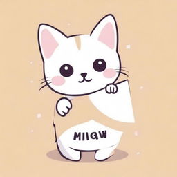 A cute kitty holding a sign that says 'MIAW'