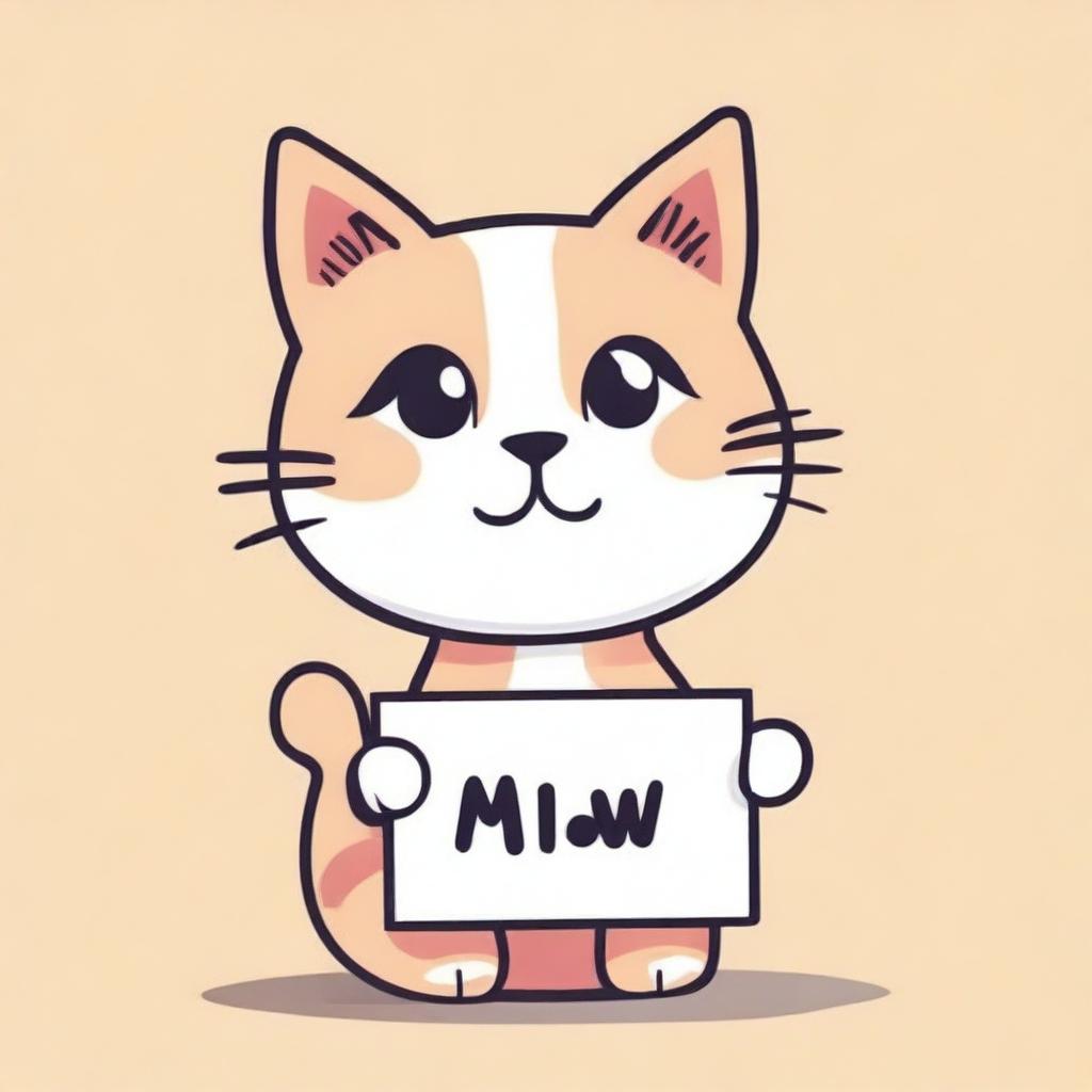 A cute kitty holding a sign that says 'MIAW'