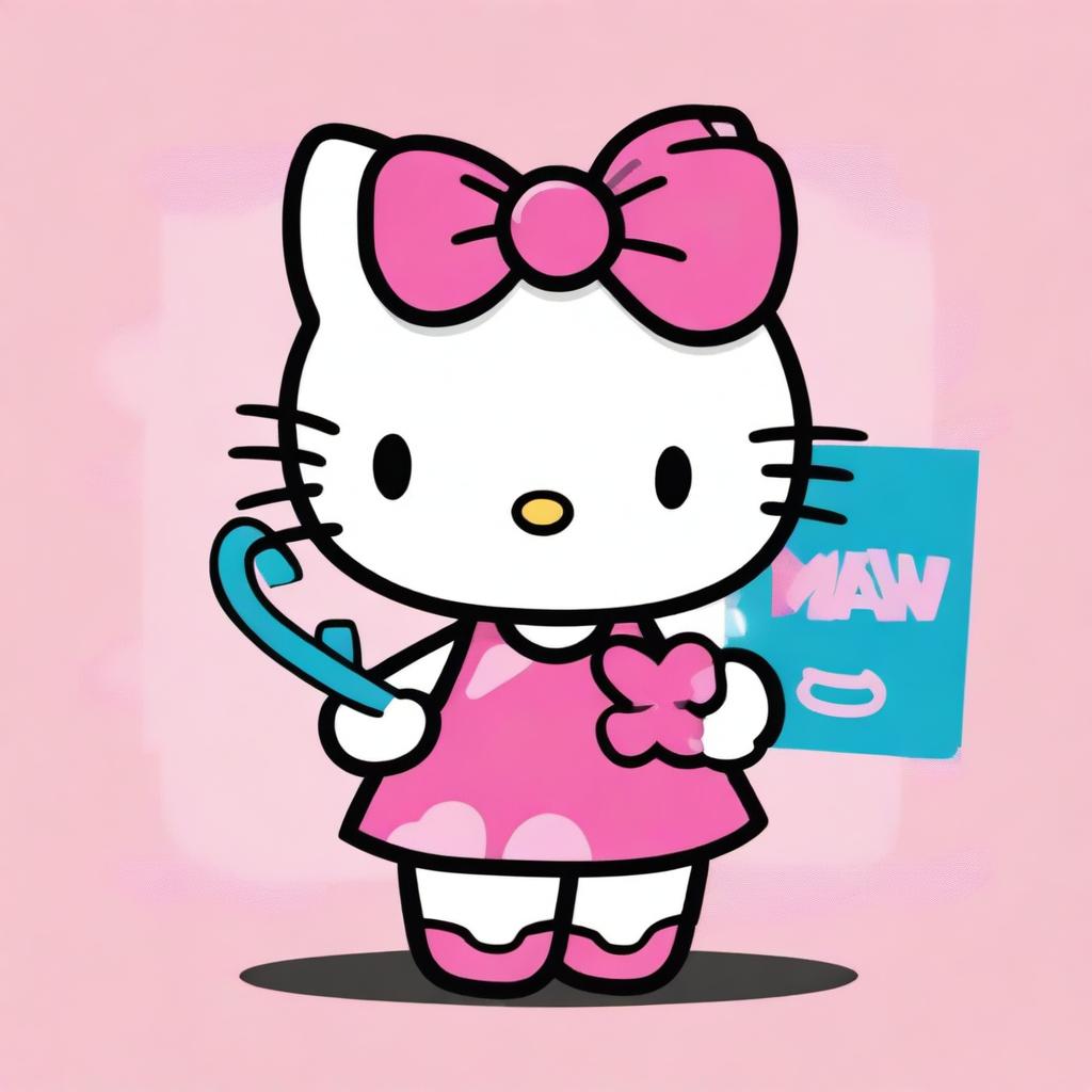 A Hello Kitty character holding a sign that says 'miaw