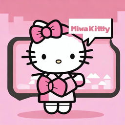 A Hello Kitty character holding a sign that says 'miaw