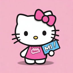 A Hello Kitty character holding a sign that says 'miaw