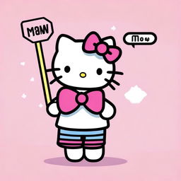 A Hello Kitty character holding a sign that says 'miaw