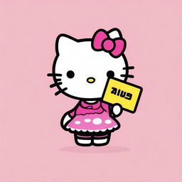 A Hello Kitty character holding a sign that says 'miaw