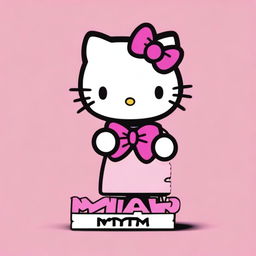 A Hello Kitty character holding a sign that says 'miaw