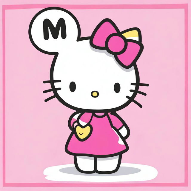 A Hello Kitty character holding a sign that says 'miaw