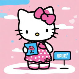 A Hello Kitty character holding a sign that says 'miaw