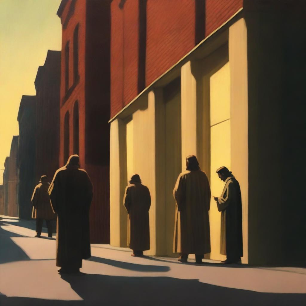 Create a cinematic cover featuring Jesus and the apostles, inspired by the style of Edward Hopper paintings