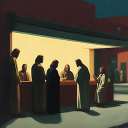 Create a cinematic cover featuring Jesus and the apostles, inspired by the style of Edward Hopper paintings