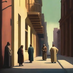 Create a cinematic cover featuring Jesus and the apostles, inspired by the style of Edward Hopper paintings