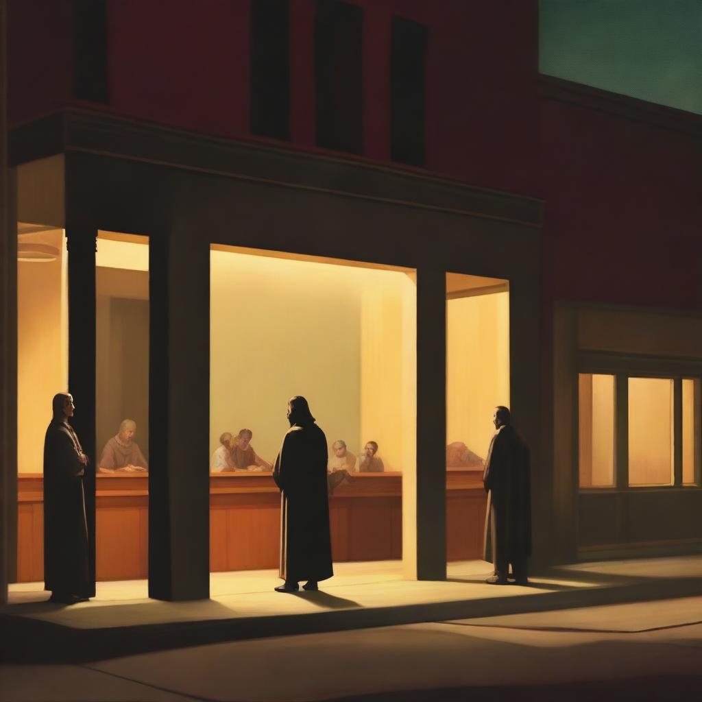 Create a cinematic cover featuring Jesus and the apostles, inspired by the style of Edward Hopper paintings