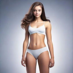 Create a full-body portrait image of a tall, very feminine girl with a healthy and curvy athletic hourglass body