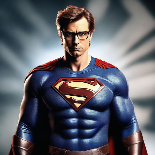 Create an image of a superhero called the 'Meme Master' with brown hair and glasses