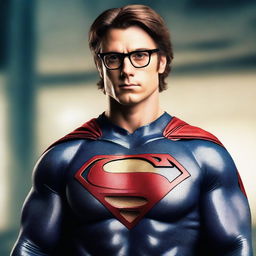 Create an image of a superhero called the 'Meme Master' with brown hair and glasses