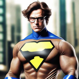 Create an image of a superhero called the 'Meme Master' with brown hair and glasses