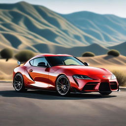 A highly detailed image of a Toyota Supra, showcasing its sleek design and powerful build