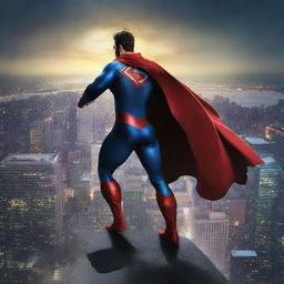 Create an image of a superhero standing on top of a skyscraper, looking over a city at night