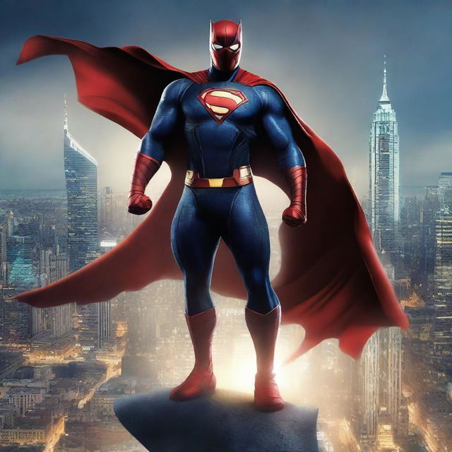 Create an image of a superhero standing on top of a skyscraper, looking over a city at night