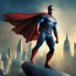 Create an image of a superhero standing on top of a skyscraper, looking over a city at night