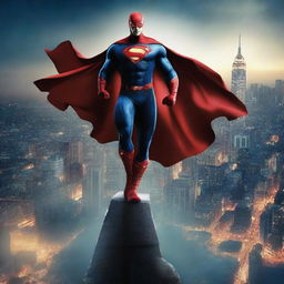 Create an image of a superhero standing on top of a skyscraper, looking over a city at night