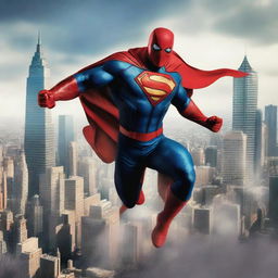 Create an image of a dynamic superhero in action, with a cityscape in the background