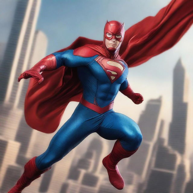 Create an image of a dynamic superhero in action, with a cityscape in the background