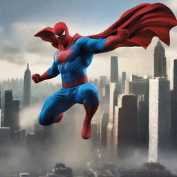 Create an image of a dynamic superhero in action, with a cityscape in the background