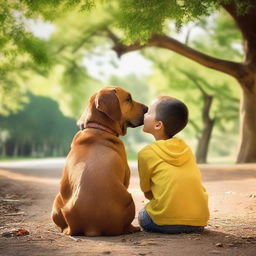 A heartwarming scene depicting two friends, one human and one animal, sharing a moment of joy and companionship in a beautiful outdoor setting