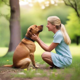 A heartwarming scene depicting two friends, one human and one animal, sharing a moment of joy and companionship in a beautiful outdoor setting