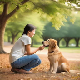 A heartwarming scene depicting two friends, one human and one animal, sharing a moment of joy and companionship in a beautiful outdoor setting