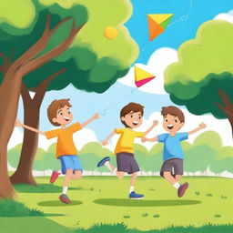 A lively and cheerful scene featuring three boys playing together in a park