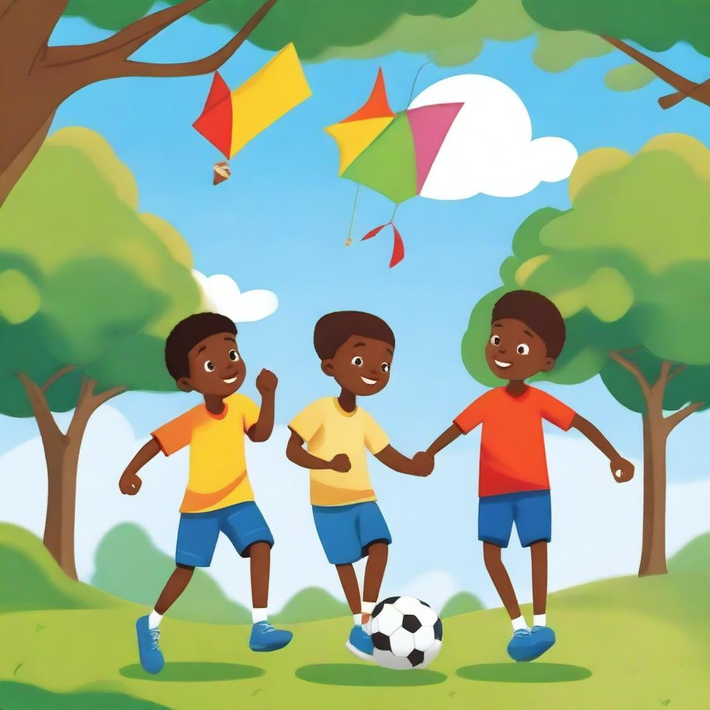 A lively and cheerful scene featuring three boys playing together in a park