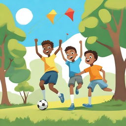 A lively and cheerful scene featuring three boys playing together in a park